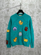 Turquoise knit sweater with cute cartoon animal patches, crew neck, long sleeves
