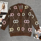 Brown Gucci logo knit cardigan with button front and long sleeves, GG pattern all over.