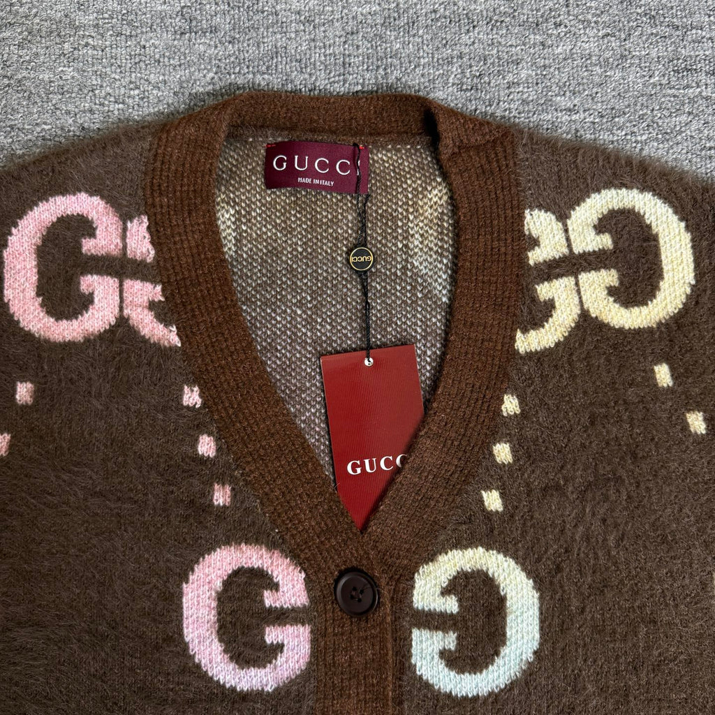 Brown Gucci logo knit cardigan neckline with GG intarsia and button placket, brand tag.