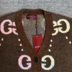 Brown Gucci logo knit cardigan neckline with GG intarsia and button placket, brand tag.