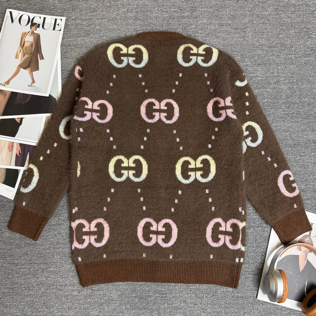 Brown Gucci logo knit cardigan back view with GG motifs and long sleeves, buttonless hem.