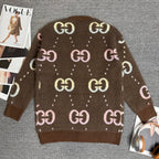 Brown Gucci logo knit cardigan back view with GG motifs and long sleeves, buttonless hem.