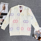 Gucci knit cardigan, off-white with multicolor GG logo pattern and front buttons