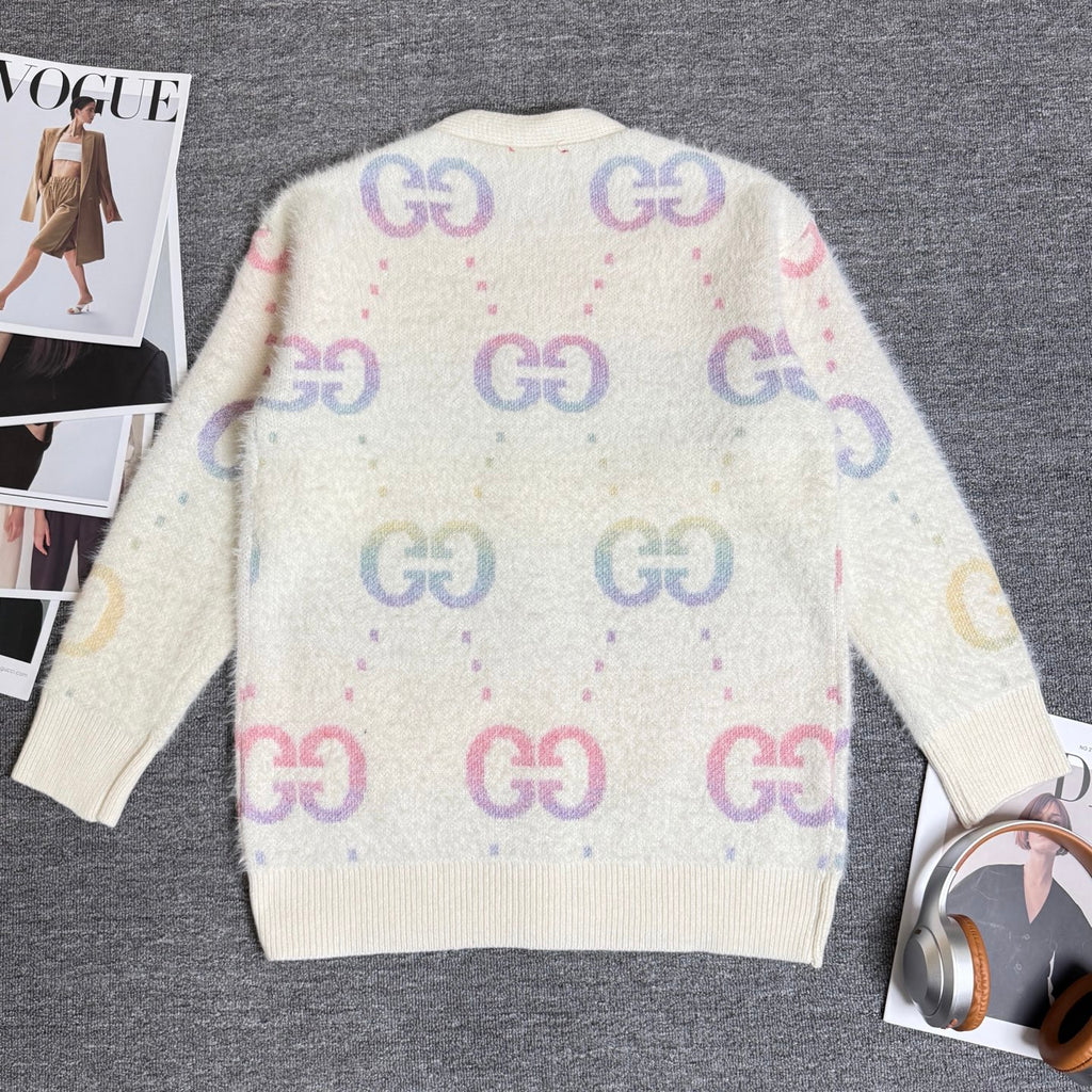 Gucci knit cardigan back, off-white with multicolor GG logo pattern and ribbed hem