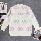 Gucci knit cardigan back, off-white with multicolor GG logo pattern and ribbed hem