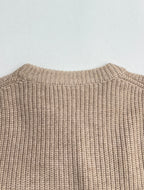 Beige knit sweater back with ribbed crewneck collar