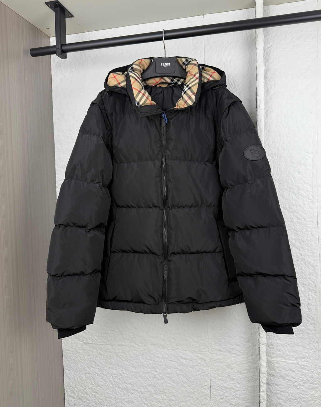 Burberry hooded puffer jacket with plaid-lined collar, black, full sleeves