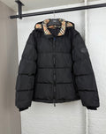 Burberry hooded puffer jacket with plaid-lined collar, black, full sleeves