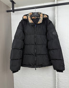Burberry hooded puffer jacket with plaid-lined collar, black, full sleeves