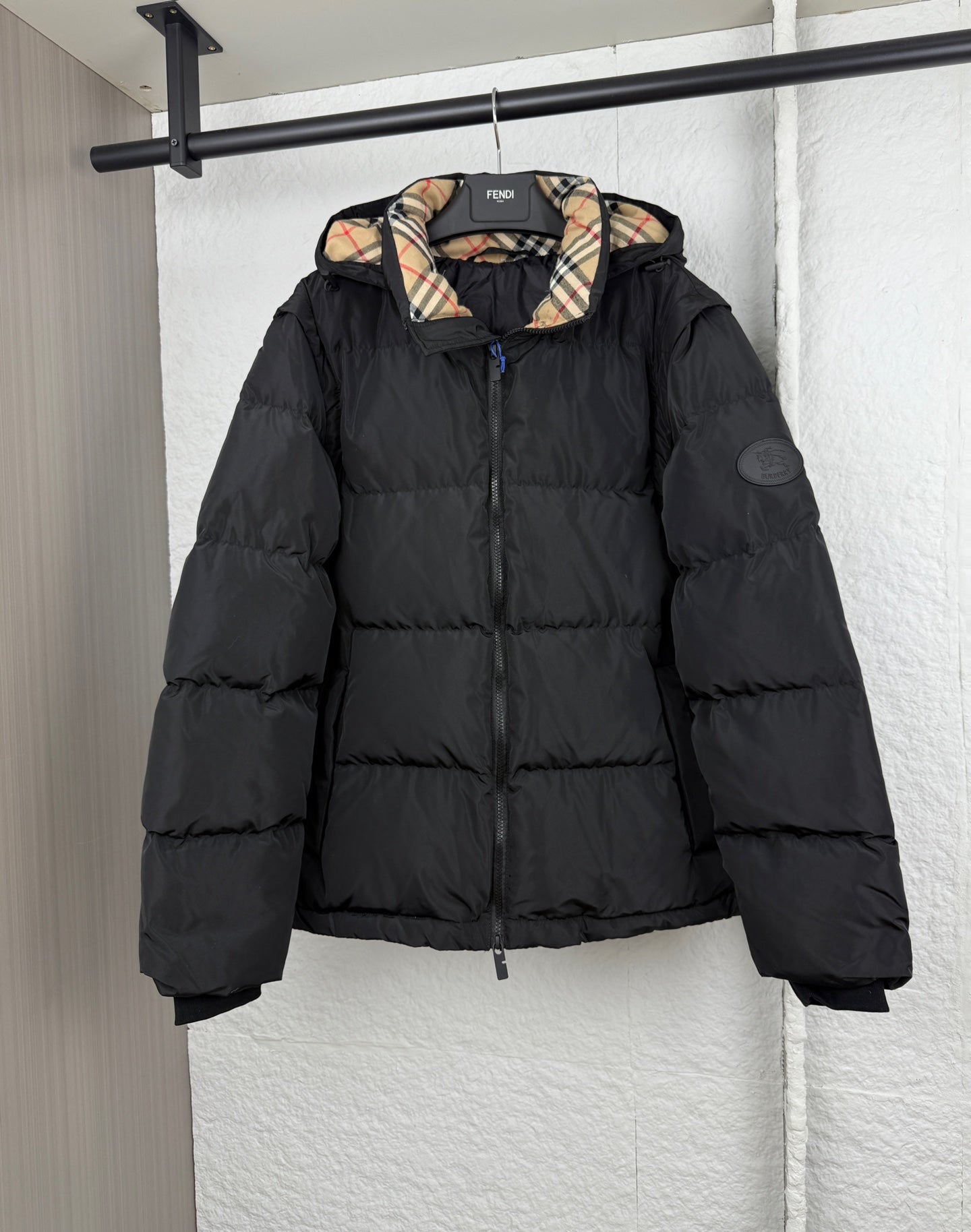Burberry hooded puffer jacket with plaid-lined collar, black, full sleeves