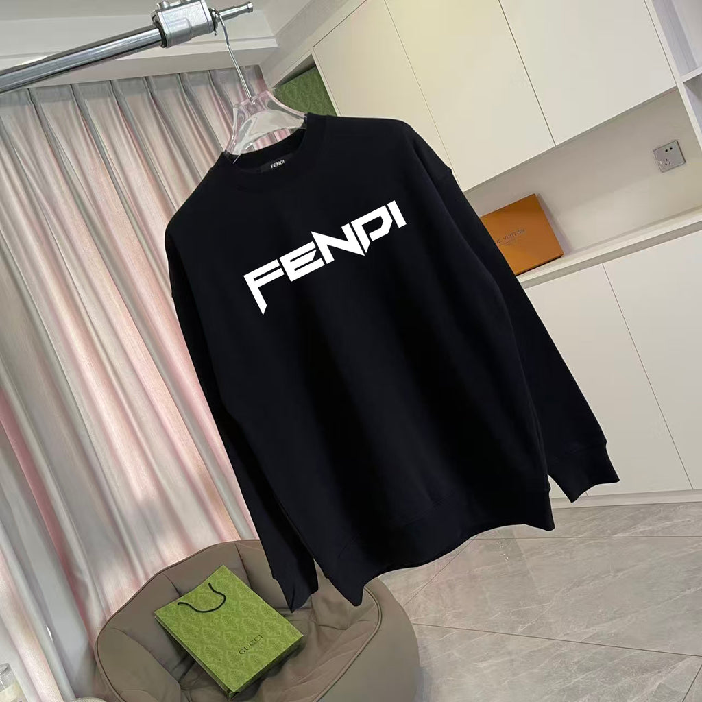 Black crewneck sweatshirt with large FENDI logo print across chest