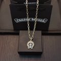 Chrome pendant necklace with round cross emblem pendant on silver-toned chain
