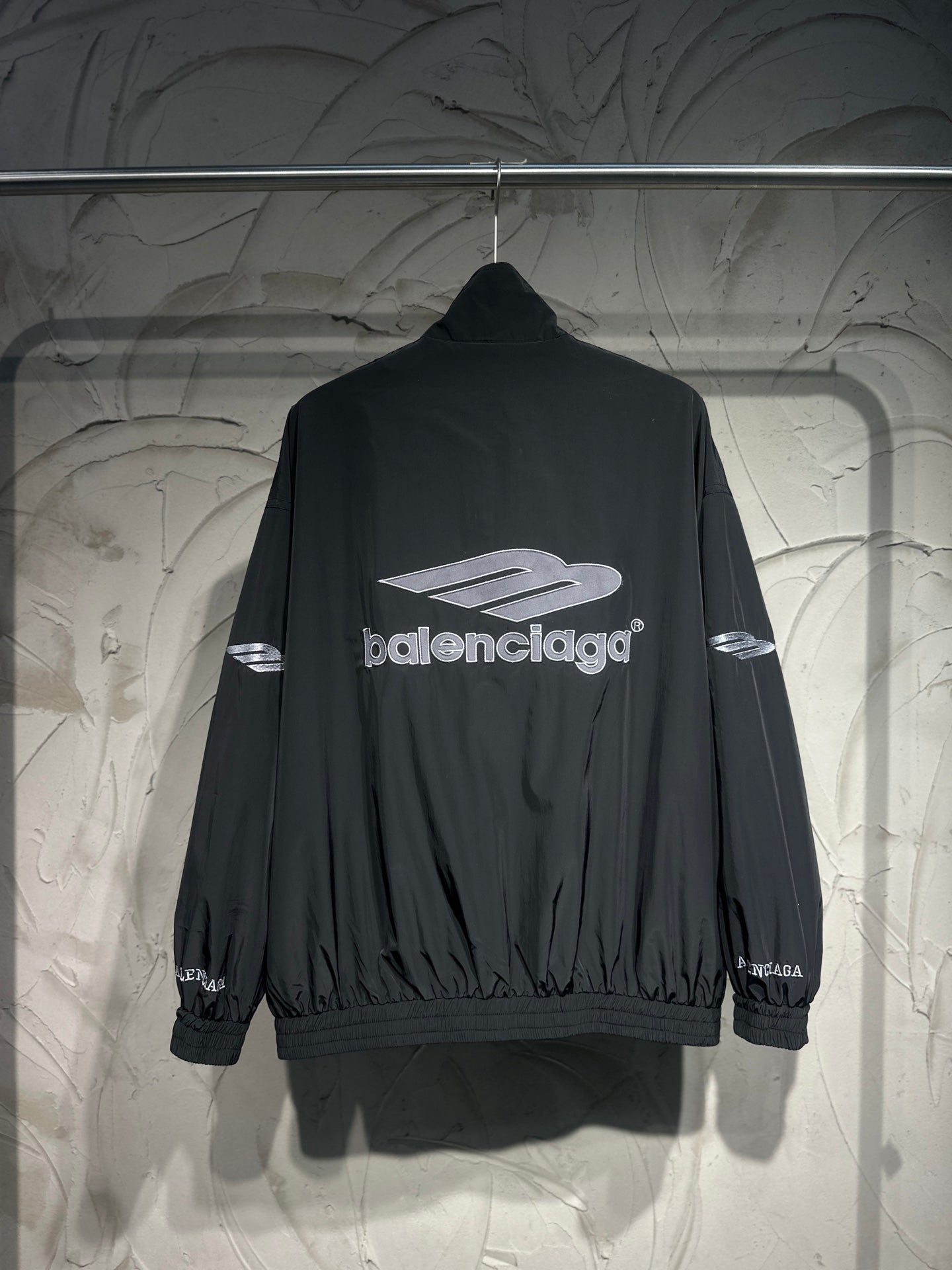 Black Balenciaga logo track jacket with stand collar and elastic cuffs
