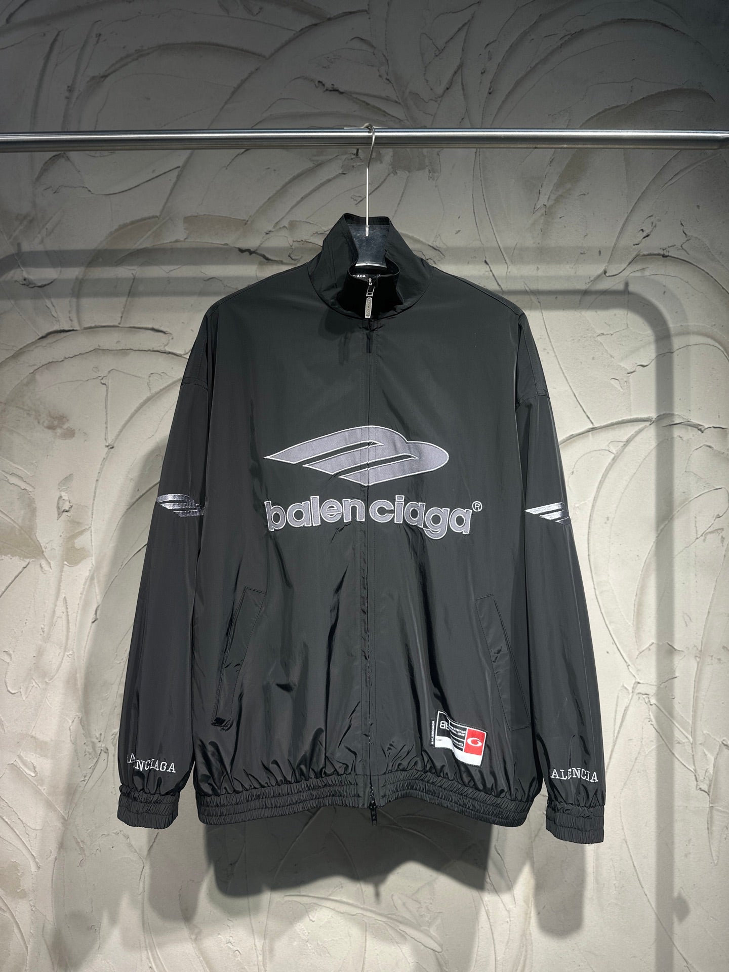 Black Balenciaga logo track jacket, full zip front, long sleeves