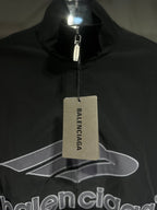 Black Balenciaga logo jacket with hang tag at the zipper