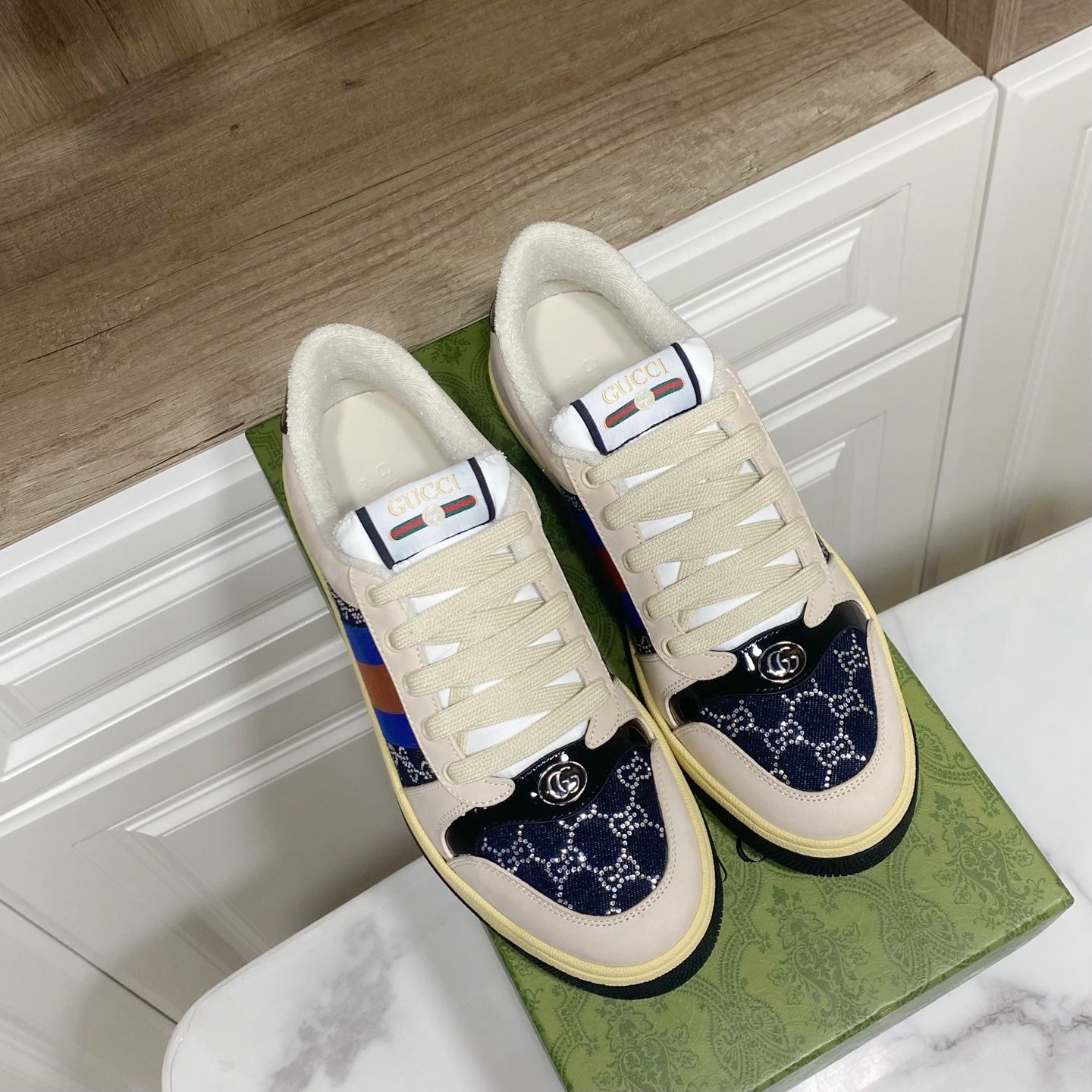 Gucci unisex sneakers, cream canvas with navy toe and multicolor stripe accents