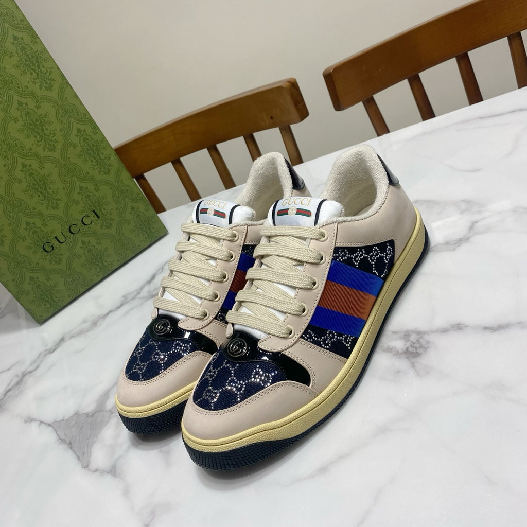 Gucci unisex sneakers, cream leather with navy panels and blue-orange stripe detail