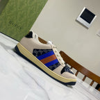 Gucci unisex low-top sneakers, cream upper with navy toe and multicolor stripe