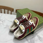 Gucci unisex sneakers with lace-up front, burgundy suede, GG canvas, and striped web