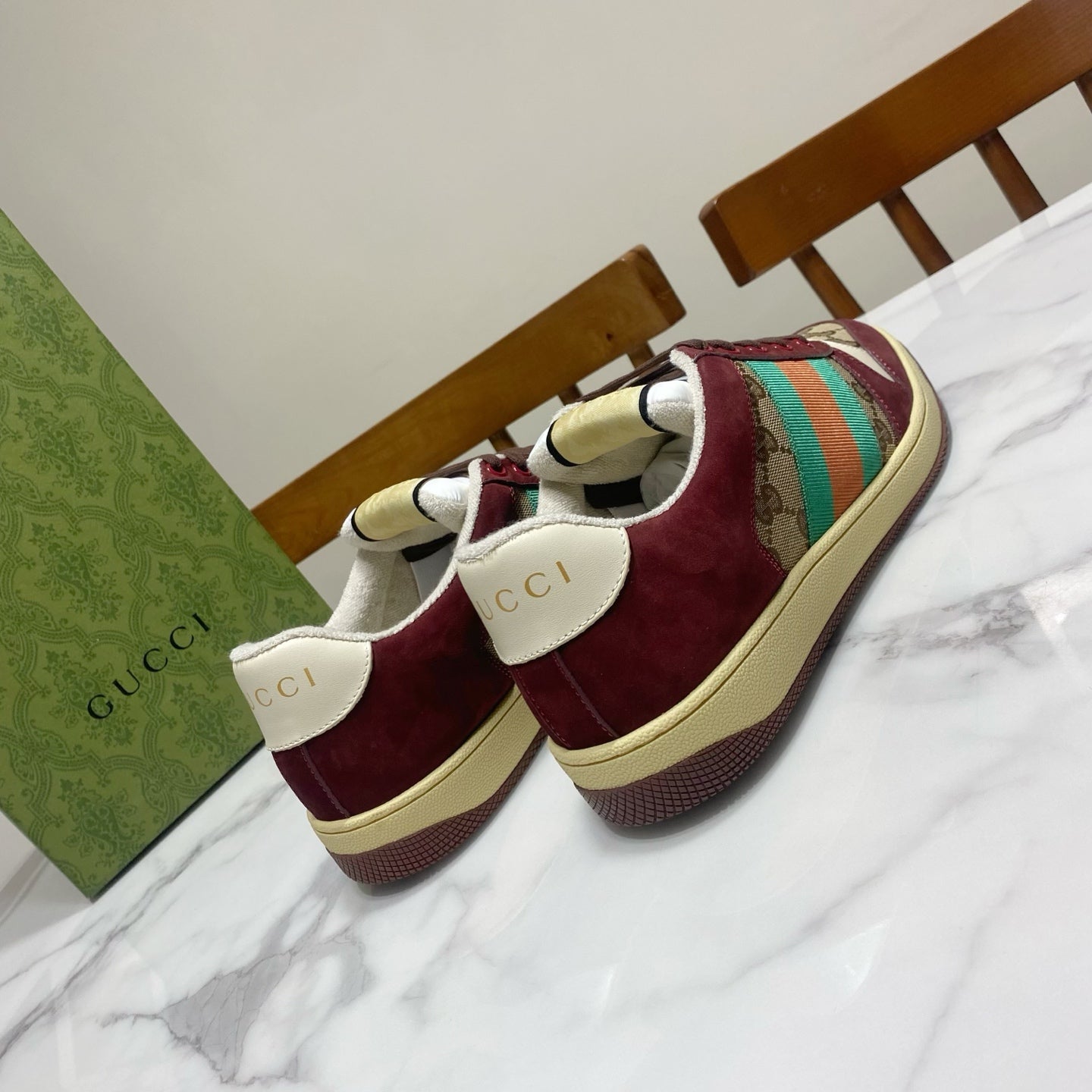 Gucci unisex sneakers, burgundy suede with striped web and GG canvas at heel and toe
