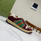 Gucci unisex sneakers, burgundy suede with GG canvas side panels and striped web laces