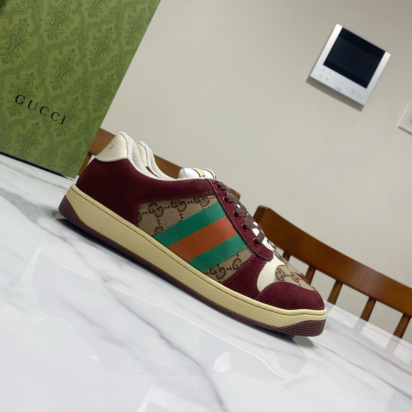Gucci unisex sneakers, burgundy suede with GG canvas side panels and striped web laces