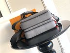 Louis Vuitton monogram shoulder bag with stacked compartments, light gray and black straps