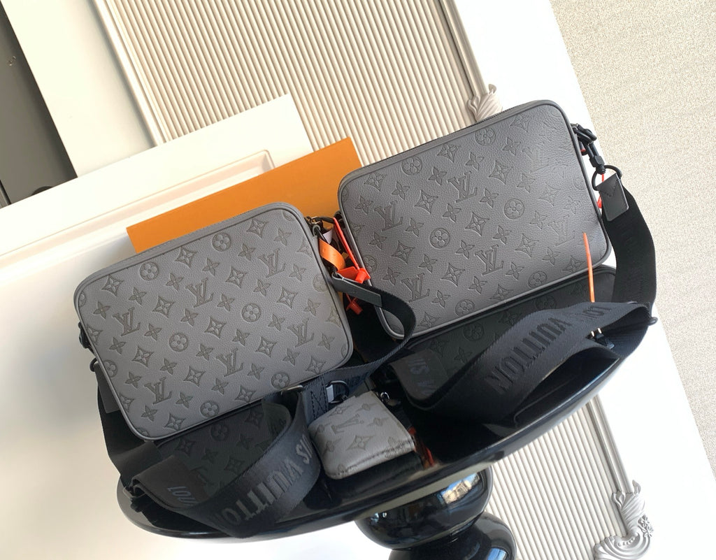 Louis Vuitton monogram crossbody bags set in light gray with black strap and small pouch