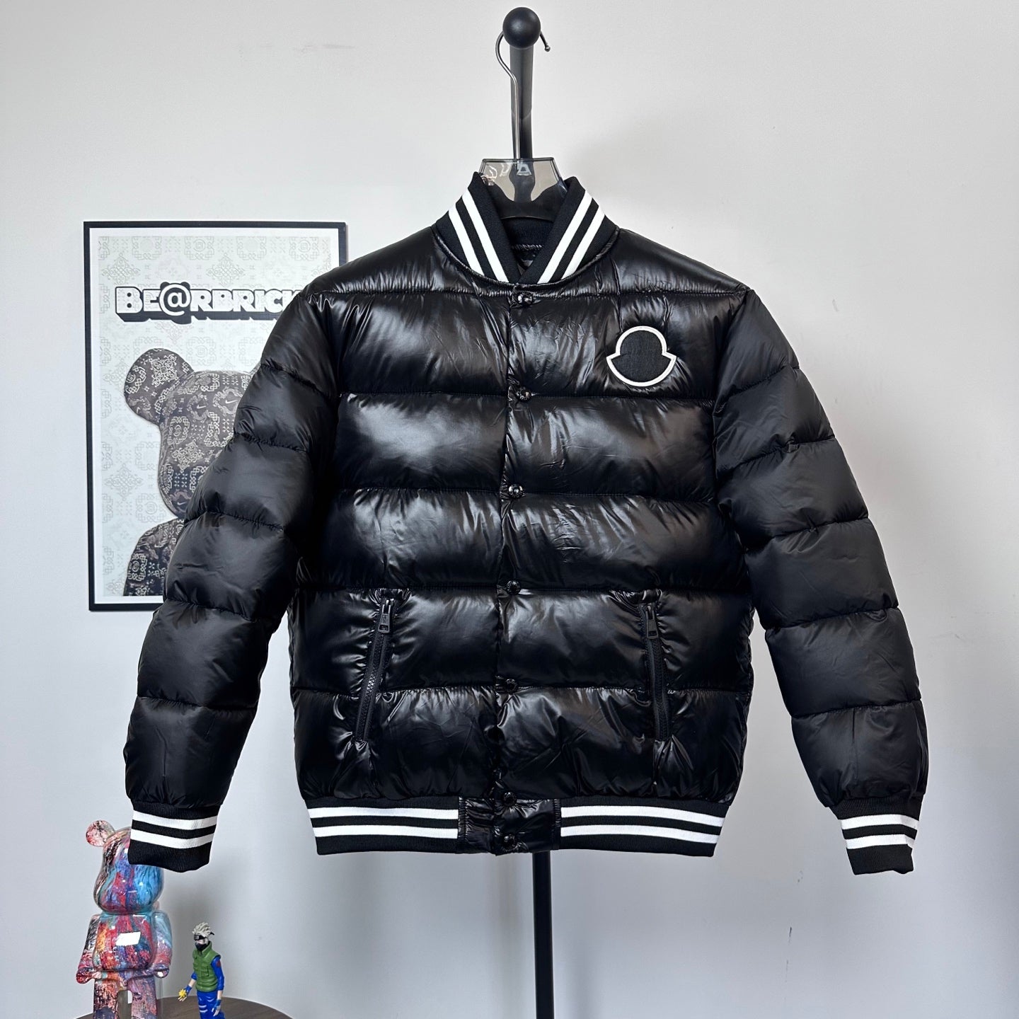Moncler long puffer jacket, black, striped collar cuffs, front logo patch