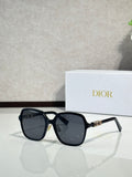 Dior sunglasses with black square frames and dark gray lenses, metal logo detail