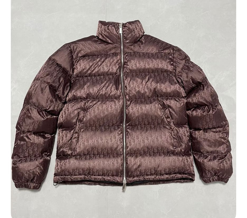 Burgundy Dior puffer jacket with full front zipper and high stand collar