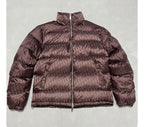 Burgundy Dior puffer jacket with full front zipper and high stand collar