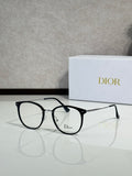 Dior eyeglasses with black round frames and clear lenses, metal logo detail