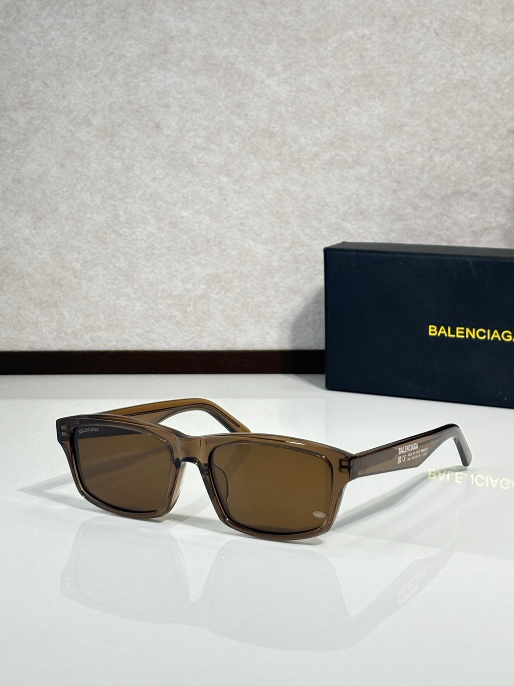 Balenciaga oversized square sunglasses with tan tortoiseshell frame and brown lenses