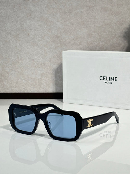Celine black square sunglasses with gold logo on temple.