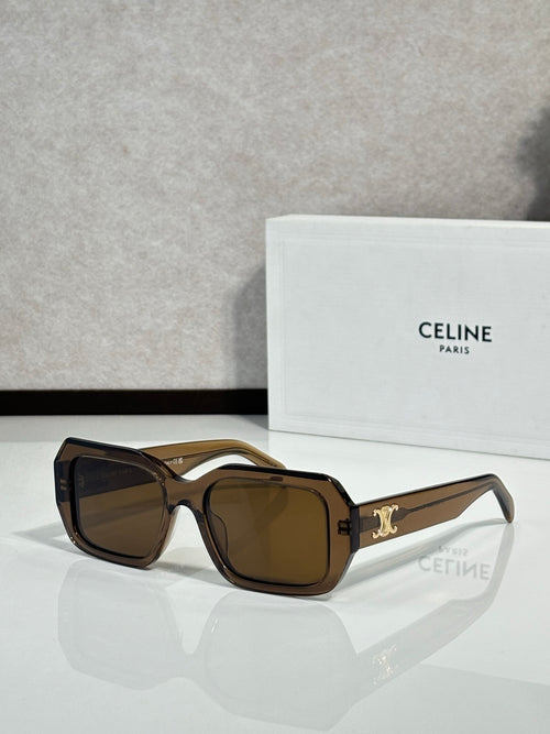 Celine brown square sunglasses with gold logo on temple.