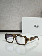 Celine tortoiseshell square eyeglasses with gold logo on temple.