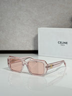 Celine pink translucent square sunglasses with gold logo on temple.