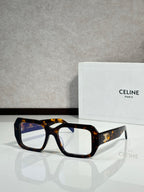 Celine tortoiseshell square eyeglasses with gold logo on temple.