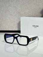 Celine black rectangular glasses with blue-tinted clear lenses and gold logo on temples