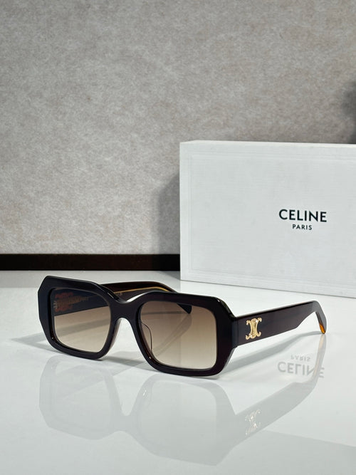 Celine tortoiseshell square sunglasses with brown lenses and gold logo on side arms