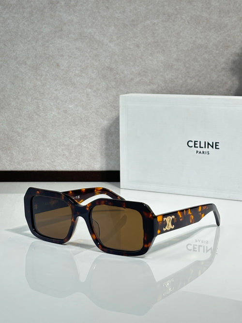 Celine tortoiseshell square sunglasses with dark brown lenses and gold logo temple detail