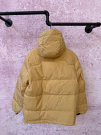 Tan hooded puffer jacket with full-zip front and adjustable hood cords