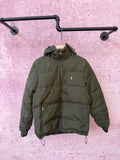 Olive green hooded puffer jacket with full-zip front and zip pockets