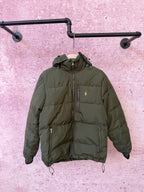 Olive green hooded puffer jacket with full-zip front and zip pockets