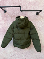 Olive green hooded puffer jacket, full-zip front with drawstring hem