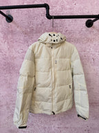 Light cream hooded puffer jacket with full-zip front and zip pocket details