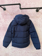 Navy hooded puffer jacket with full-zip front and padded shoulders