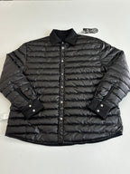 Black quilted puffer jacket with button placket and stand collar, long sleeves