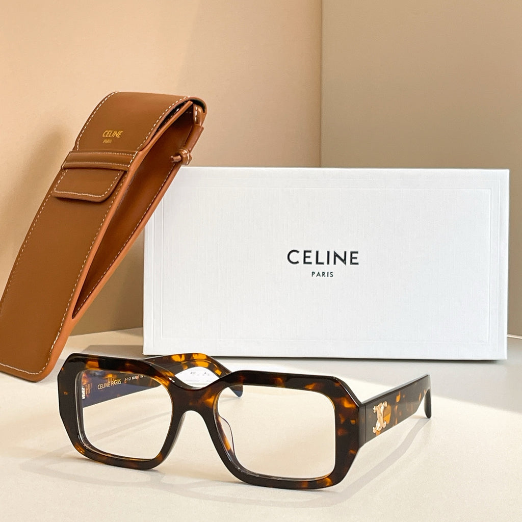 Tortoiseshell rectangular glasses with clear lenses and gold logo detail on temple